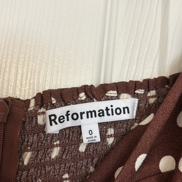 Reformation Mochi Brown Polka Dot Long Sleeve Mini Dress - Picture 5 of 7